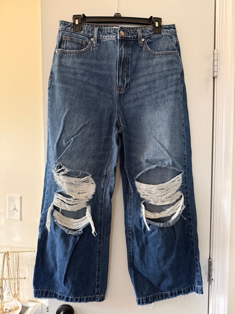 High-Rise Distressed Wide-Leg Women's Jeans - Blue